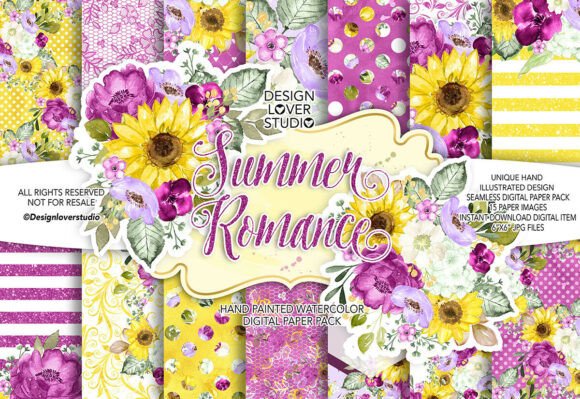 Download Watercolor SUMMER ROMANCE Digital Papers - Premium Bundle